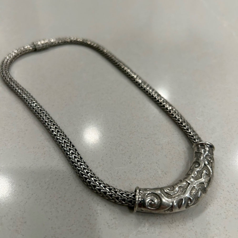 John Hardy Silver Necklace with Intricate Chain and Tubular Centerpiece